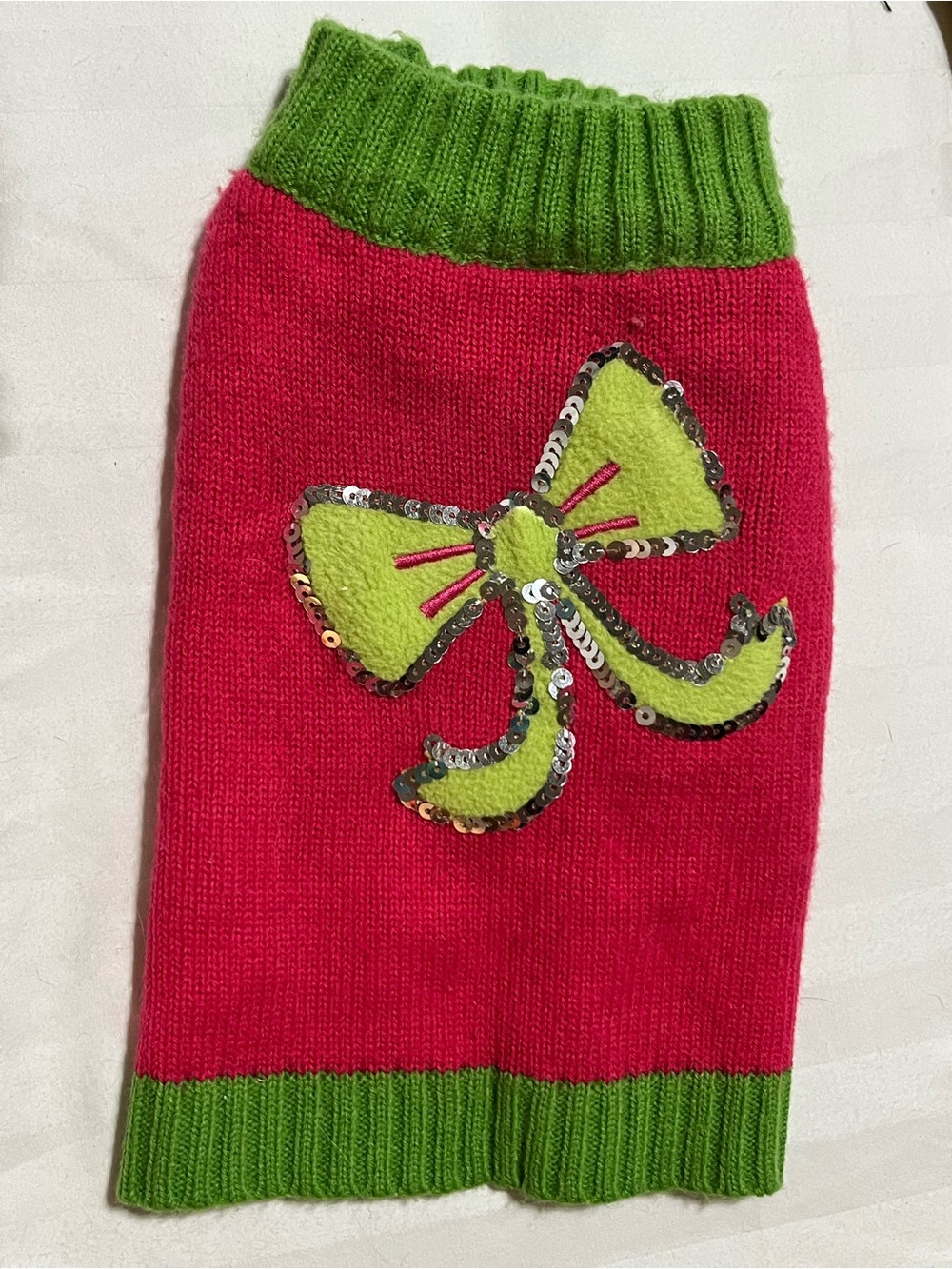 Pink & Green Sequin Bow Knit Dog Sweater - Brand Unspecified